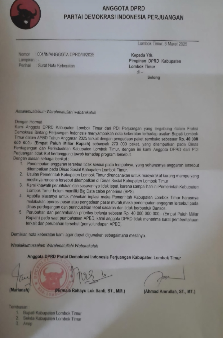 Anggota DPRD Lombok Timur dari PDIP Layangkan Surat Nota Keberatan Terkait Program Bansos RP 40 Miliar